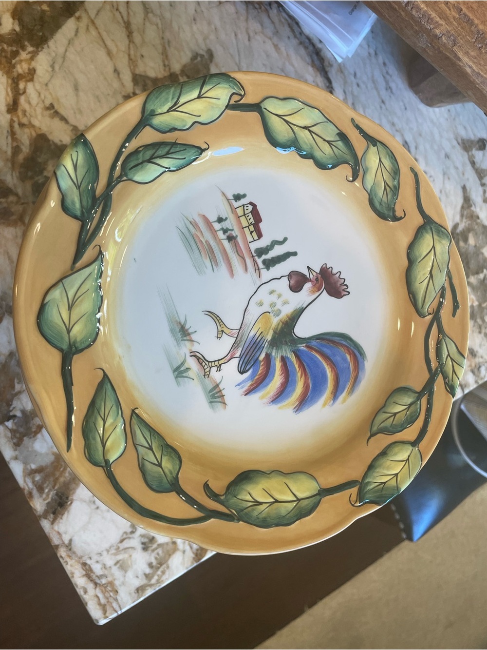 Fitz and Floyd Yellow Rooster Dinnerware Plate with Green Leaf Border